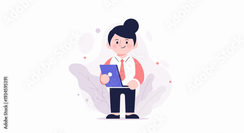 Cheerful person in professional attire holds a tablet amidst abstract foliage and soft, circular accents