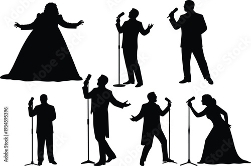 Singer silhouette, microphone performance, vocal artist, stage concert, music show, live singing, opera voice, pop star, theatrical performance, entertainment