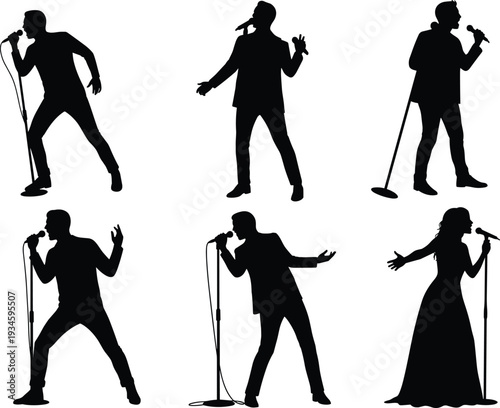 Singer silhouettes, vocal performers on stage, male and female artists, live concert performance, microphone stand, music show energy, expressive singing poses