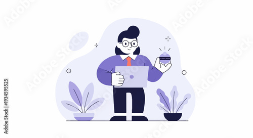 A person in a purple shirt and tie holds a laptop, a cupcake in hand, surrounded by plants and abstract shapes