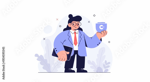 Confident professional in a suit holds a portable device, ready for action