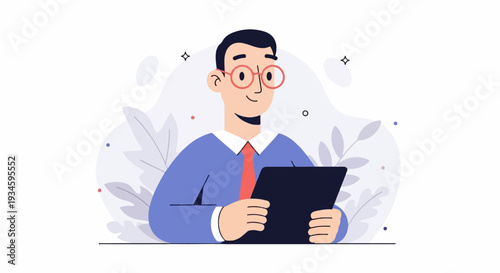 A smiling person in a suit with glasses holds a digital tablet