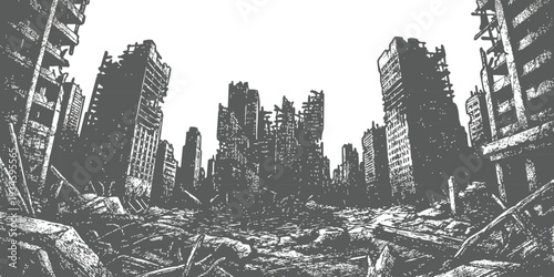 Post apocalyptic destroyed city ruins with crumbling skyscrapers and debris in a monochromatic grunge vector illustration style background