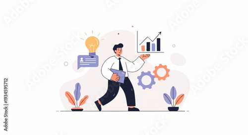 A business person walks with a tablet, presenting a growing chart, lightbulb, and gears