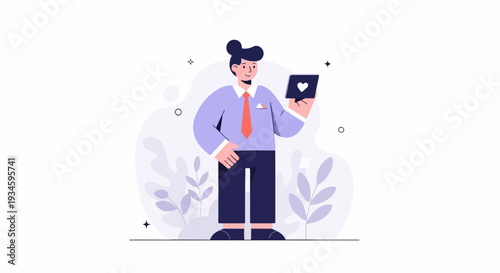 A man in a suit holding a tablet with a heart symbol on its screen