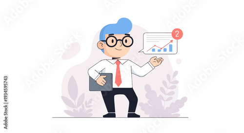 Animated businessman presenting a graph with a notification alert