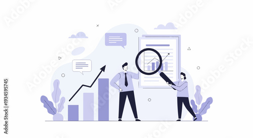 Two people analyze a financial report with a bar graph and an upward trending line