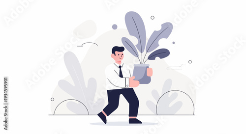 A man in a suit walks with a potted plant