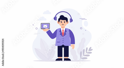 Flat illustration of a man in a suit wearing headphones and holding a tablet with an email icon