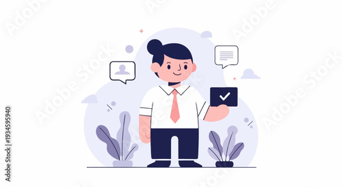 Cartoon character in business attire holds a card with a checkmark, surrounded by abstract elements