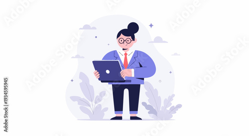 Person in suit with glasses holding a laptop, against a background with clouds and plants
