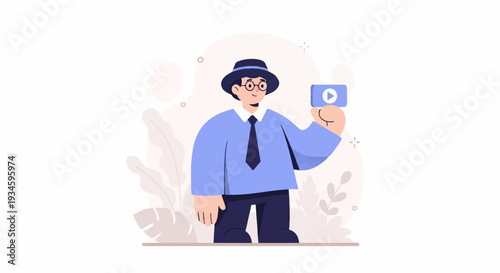 A man in a hat and shirt holds a play button icon