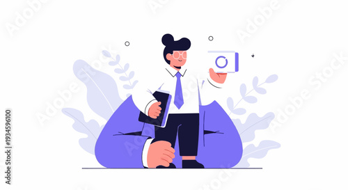 Person holding book and device with large abstract figure and plants