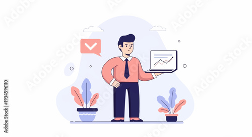 A man in a suit holds a laptop displaying a stock market graph, with plants and a speech bubble