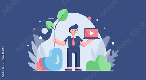 Man in suit holds plant and laptop with play button