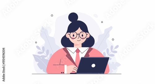 A smiling person wearing glasses and a suit works on a laptop amidst decorative plants