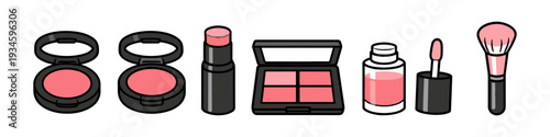 Collection of pink makeup products including blush, lipstick, and brush