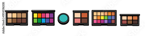 Collection of colorful eyeshadow palettes and makeup compacts arranged in a line