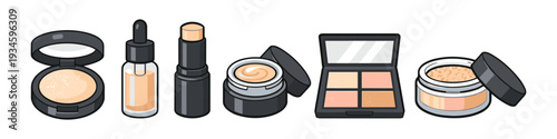 Collection of cosmetic makeup products for face, including foundation, powder, and blush