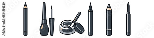 Collection of various black eyeliners and makeup tools for eye contouring