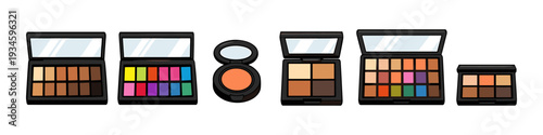 Collection of colorful makeup palettes and compact blush for beauty and cosmetic applications