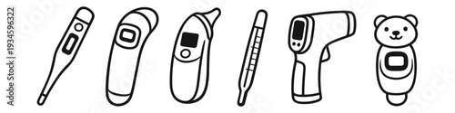 Collection of various medical thermometers, including digital, ear, and infrared models