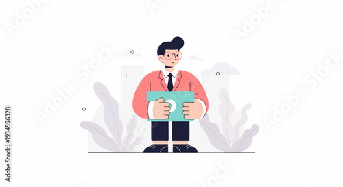 A man in a suit holds a laptop, with stylized plants and buildings in the background