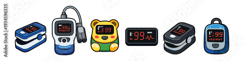 Collection of diverse pulse oximeters, including a cute bear design, for health monitoring