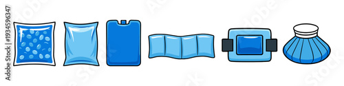 Collection of various blue ice packs and cold therapy compresses for pain relief
