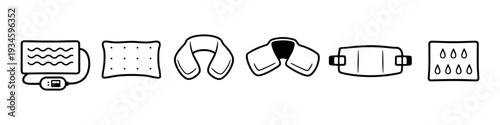 Collection of hand-drawn icons representing various heat therapy and pain relief devices