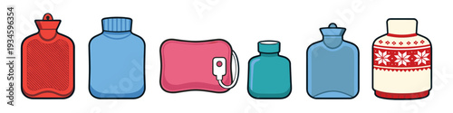 Collection of various hot water bottles and heating pads in different shapes and colors