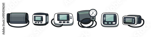Collection of various digital and analog blood pressure monitors and cuffs