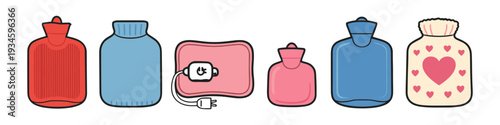 Collection of various hot water bottles and an electric heating pad
