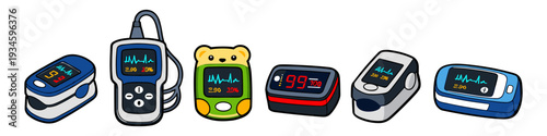 Collection of diverse pulse oximeters and medical monitoring devices displayed side by side