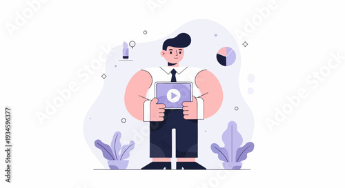A flat style illustration of a person holding a tablet displaying a play button
