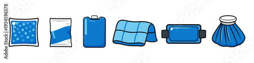 Collection of blue ice packs and cold therapy items for pain relief and cooling