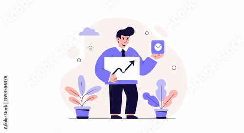 Man in suit displays upward trend chart and clock icon against abstract background with plants