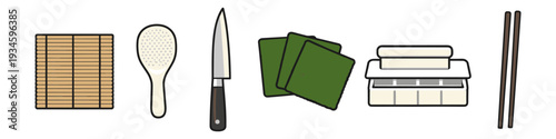 Sushi making tools and ingredients laid out for preparation on a white background