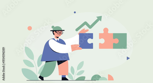 Illustration of a person assembling puzzle pieces, symbolizing growth and solutions