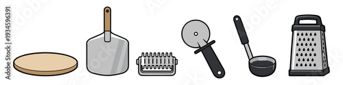 Collection of cartoon pizza making tools including a pizza peel, cutter, grater, and ladle