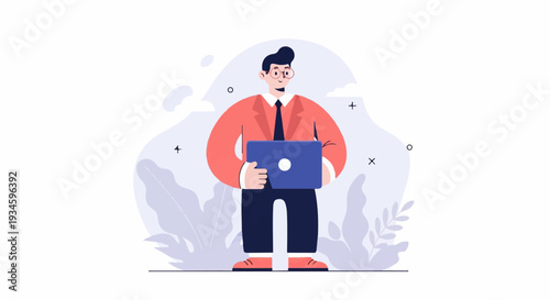 A businessman with glasses holds a laptop, standing amidst stylized foliage