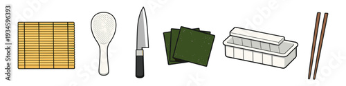 Essential tools for making sushi at home, illustrated in a clean, modern style