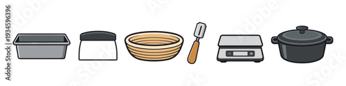 Collection of baking tools including loaf pan, dough scraper, proofing basket, lame, scale, and Dutch oven