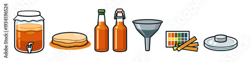 Kombucha brewing supplies including SCOBY, bottles, funnel, and fermentation jar