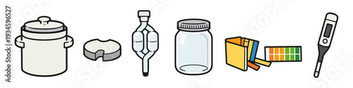Fermentation supplies including crock, airlock, jar, pH strips, and thermometer