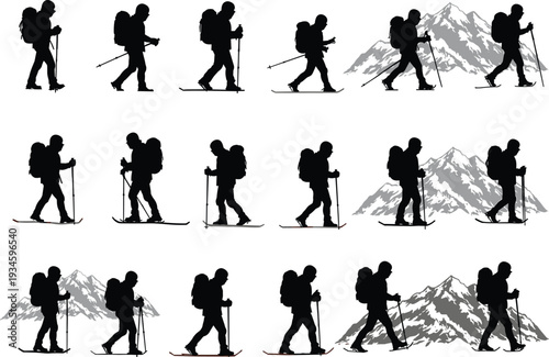 skiing, hiking, trekking, climbing, mountaineering, adventure, outdoors, silhouette, mountain, backpack, poles, sport, fitness, exploration, journey, activity, alpine, snow, travel, expedition