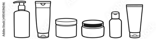Collection of cosmetic containers including bottles, tubes, and jars in a simple line art style