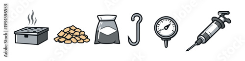 Collection of cartoon icons representing meat processing and smoking equipment