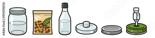 Fermentation supplies including jar, spices, bottle, and airlock for home brewing