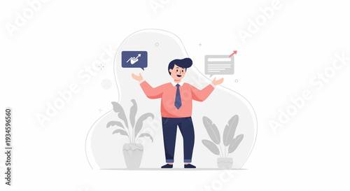 A man in a pink shirt and tie presents business growth concepts with plants nearby